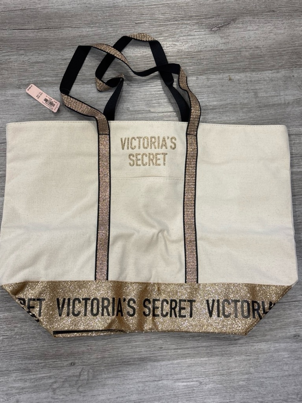 Victoria's Secret Cream Canvas Tote bag with Gold Glitter Trim nwt travel